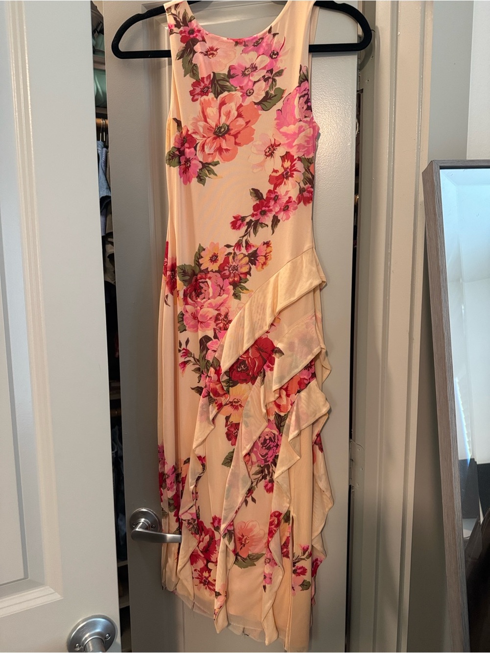 Tinsel Peach Floral Ruffle Midi Dress